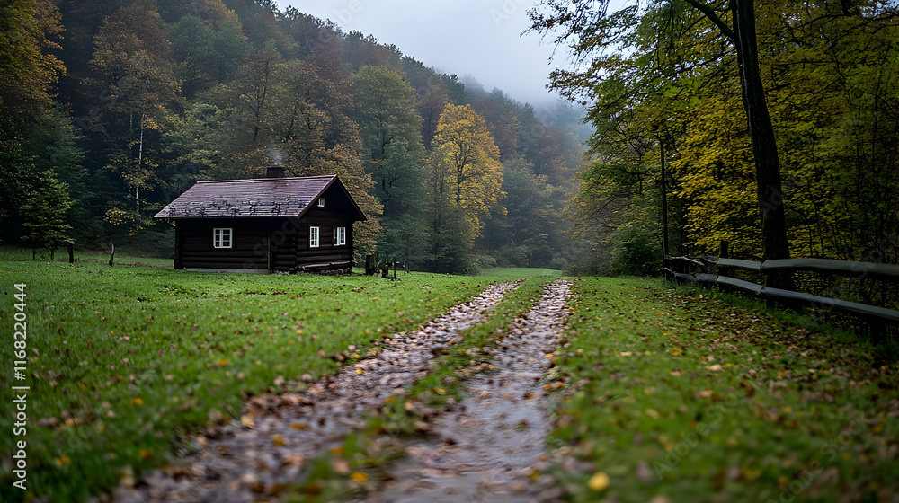 Autumnal cabin in misty valley, scenic path, forest backdrop; ideal for travel brochures. Autumnal cabin in misty valley, scenic path, forest backdrop; ideal for travel brochures.