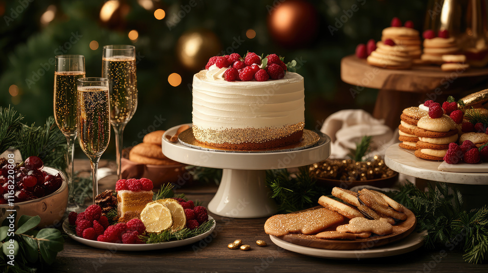 Naklejka premium A festive table with a white cake and a variety of cookies and other desserts