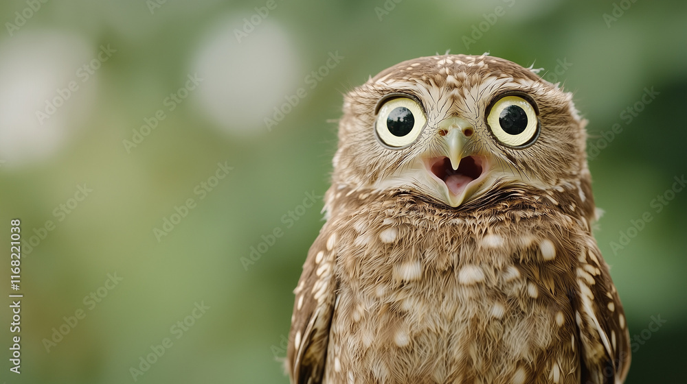 Astonished Owl: Close-up portrait of a wide-eyed owlet with its beak open in surprise, set against a softly blurred green background. A captivating image perfect for illustrating wonder, amazement. Astonished Owl: Close-up portrait of a wide-eyed owlet with its beak open in surprise, set against a softly blurred green background. A captivating image perfect for illustrating wonder, amazement.