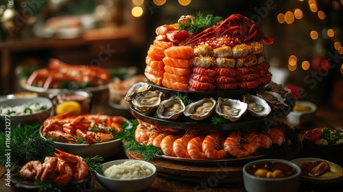 A large seafood platter with shrimp, oysters, and other seafood