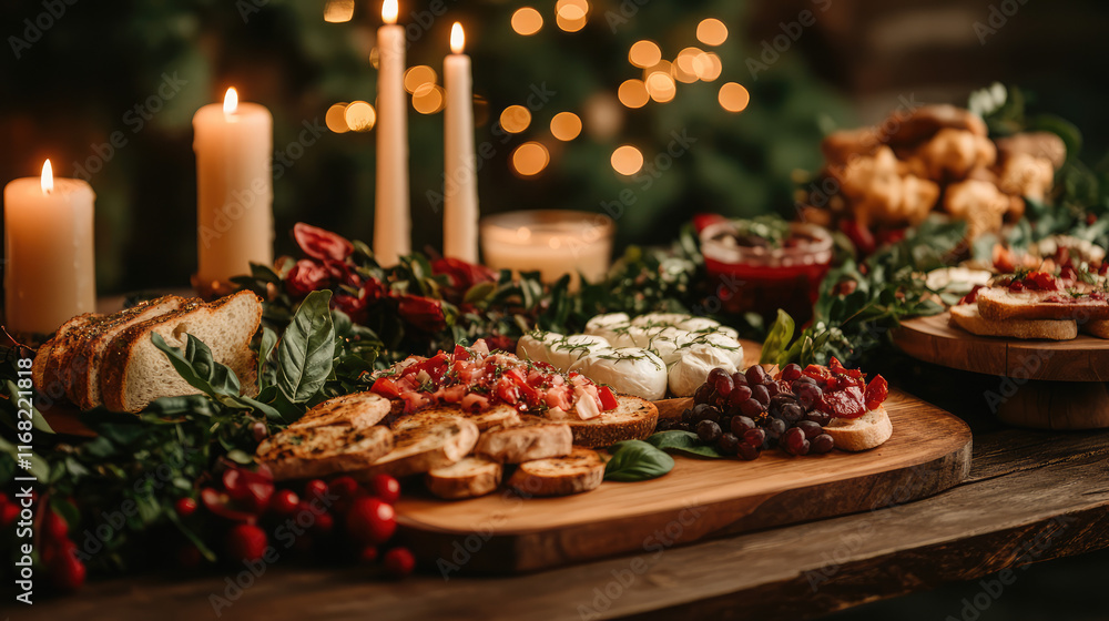 A table is set with a variety of food, including bread, cheese, and fruit A table is set with a variety of food, including bread, cheese, and fruit
