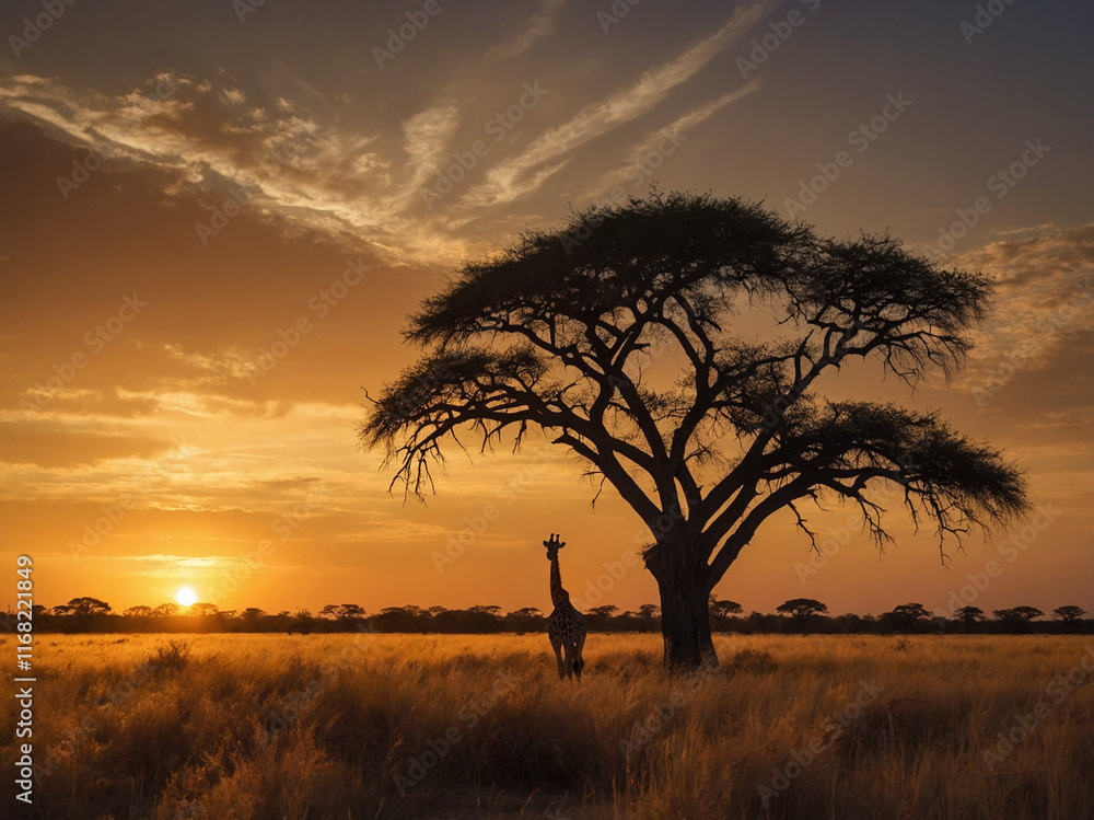 Obraz premium Cinematic and realistic photograph of a giraffe's silhouette in the vast savanna during the transition from evening to night