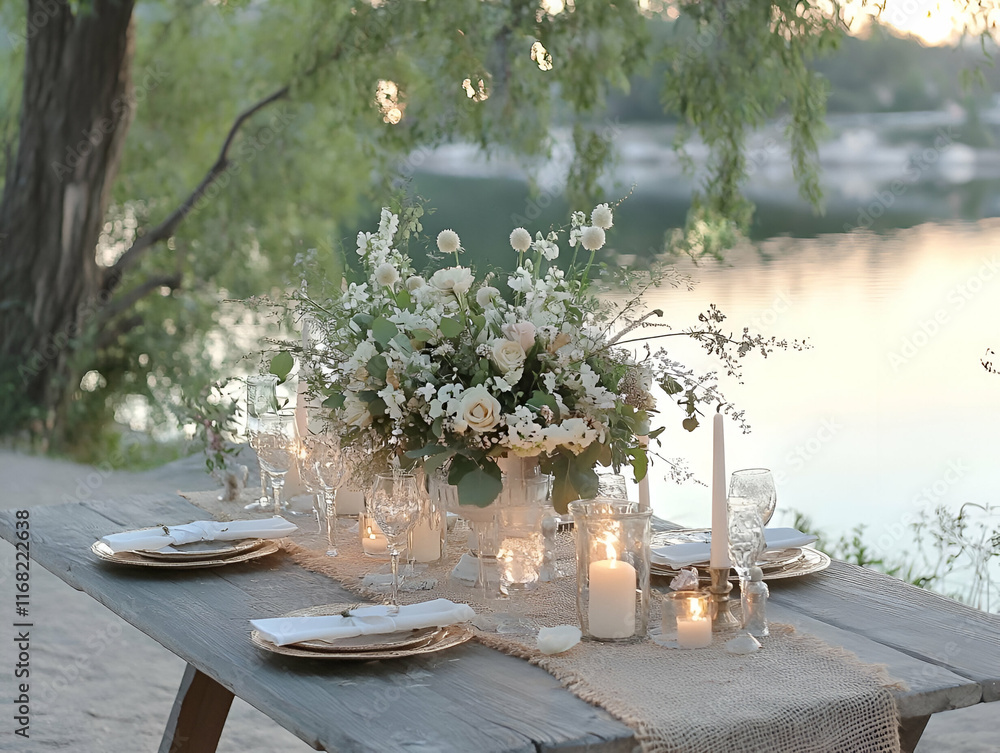 Birthday Background - A beautifully arranged outdoor dining setup with floral centerpiece by a serene water view. Birthday Background - A beautifully arranged outdoor dining setup with floral centerpiece by a serene water view.