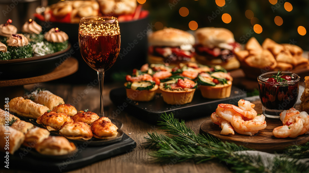 A table full of food and drinks, including a glass of wine A table full of food and drinks, including a glass of wine