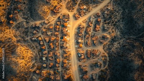 Aerial View of a Winding Desert Settlement at Dusk