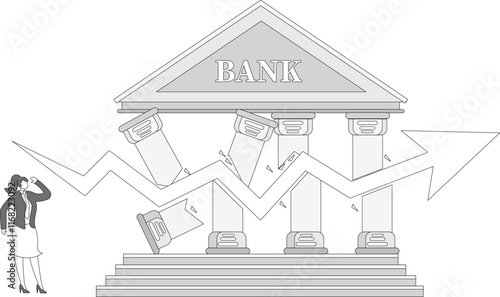 Banking collapse concept illustration, financial crisis, ruined bank concept, bankruptcy, frustrated businesswoman look at collapsing bank building concept modern