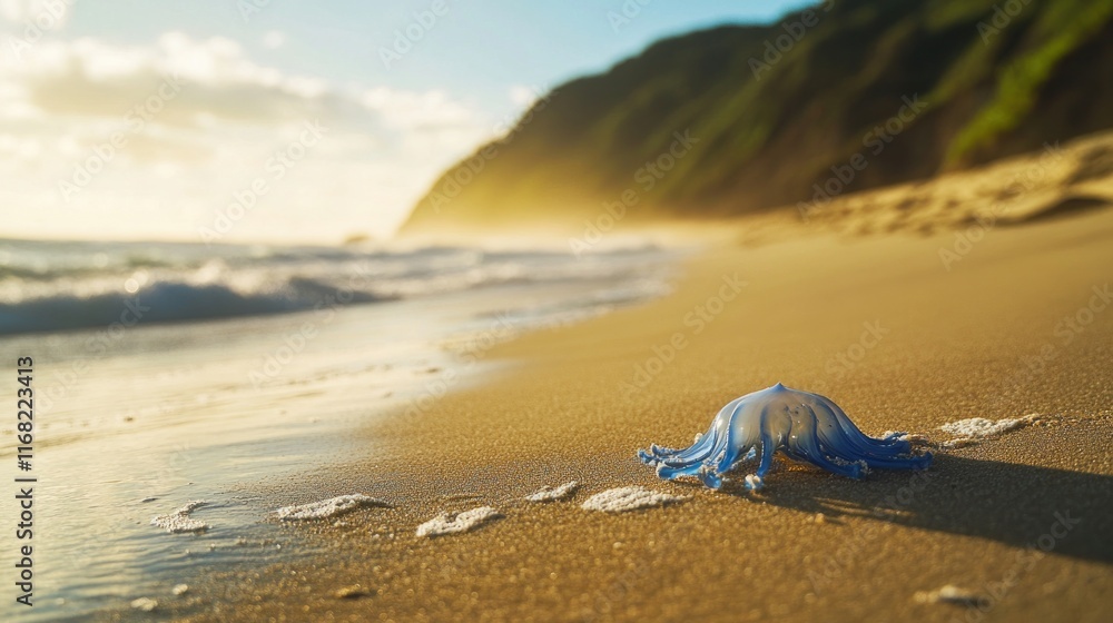 Obraz premium A blue jellyfish rests on a sandy beach with gentle waves and a scenic backdrop.