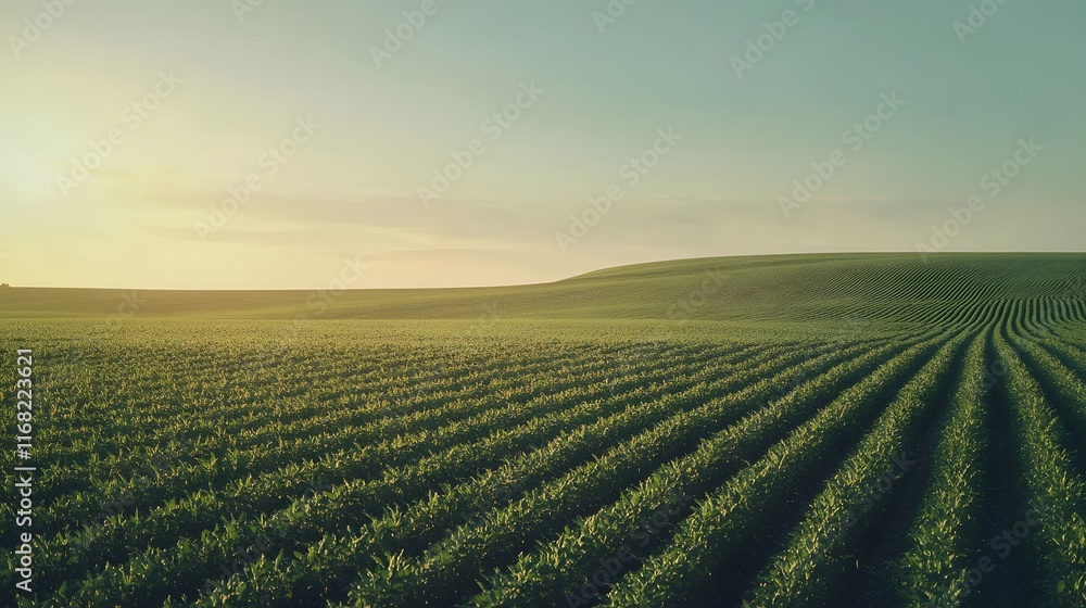 Serene Sunset Over Rolling Green Agricultural Fields Serene Sunset Over Rolling Green Agricultural Fields