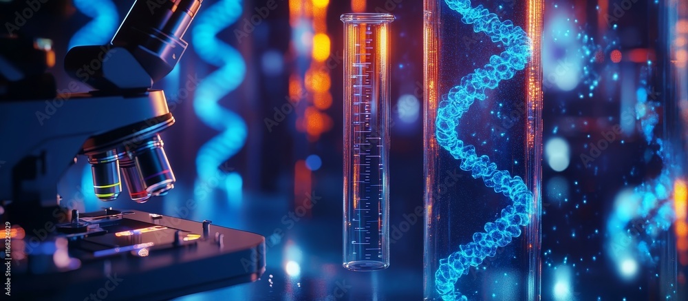 Fototapeta premium Microscope, DNA, and test tube in a lab.