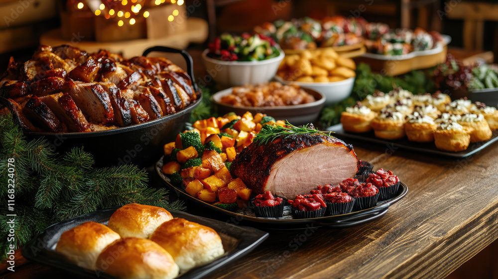 A table full of food with a variety of dishes including a ham, potatoes A table full of food with a variety of dishes including a ham, potatoes