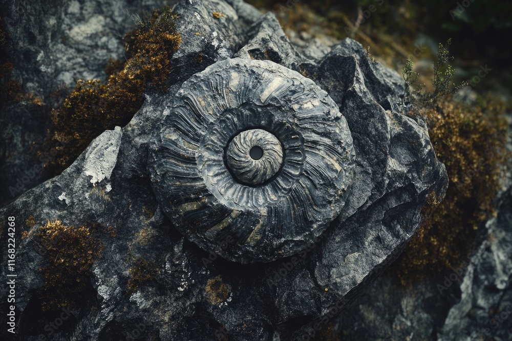 A perfectly preserved ammonite fossil embedded in a dark, moss-covered rock. A perfectly preserved ammonite fossil embedded in a dark, moss-covered rock.