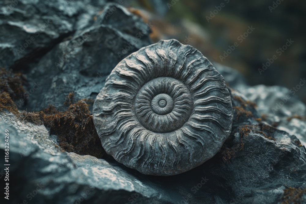 Ancient ammonite fossil embedded in dark rocks, showcasing intricate spiral shell and geological texture.