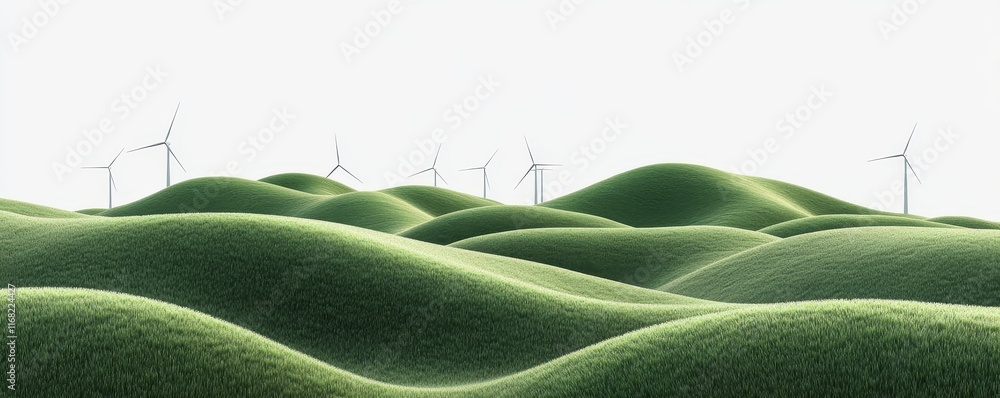 Obraz premium Rolling green hills with wind turbines generating clean energy.