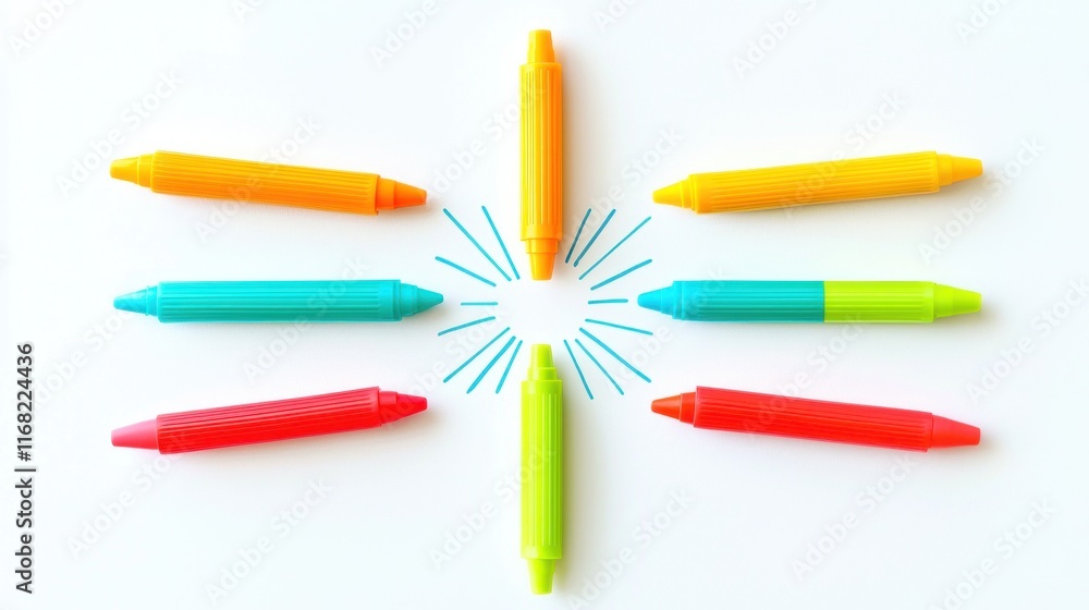 Colorful crayons arranged in a starburst pattern Colorful crayons arranged in a starburst pattern