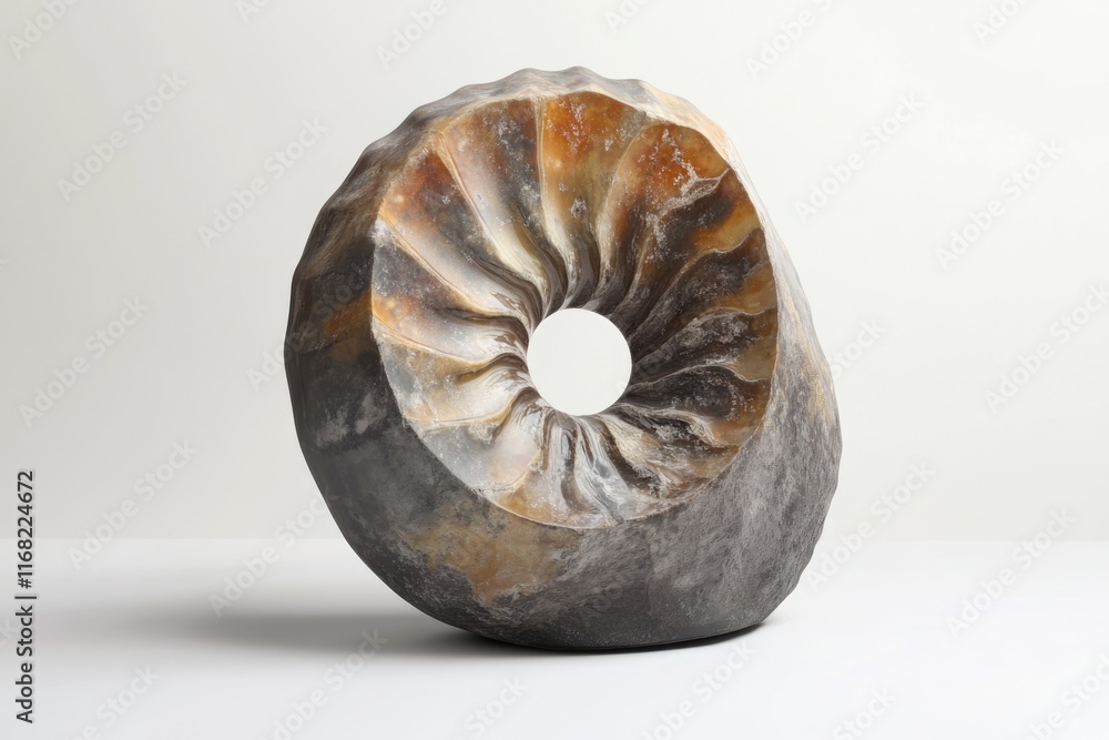 A mesmerizing ammonite fossil, meticulously carved with a central hole, showcasing intricate swirling patterns and earthy tones. A mesmerizing ammonite fossil, meticulously carved with a central hole, showcasing intricate swirling patterns and earthy tones.