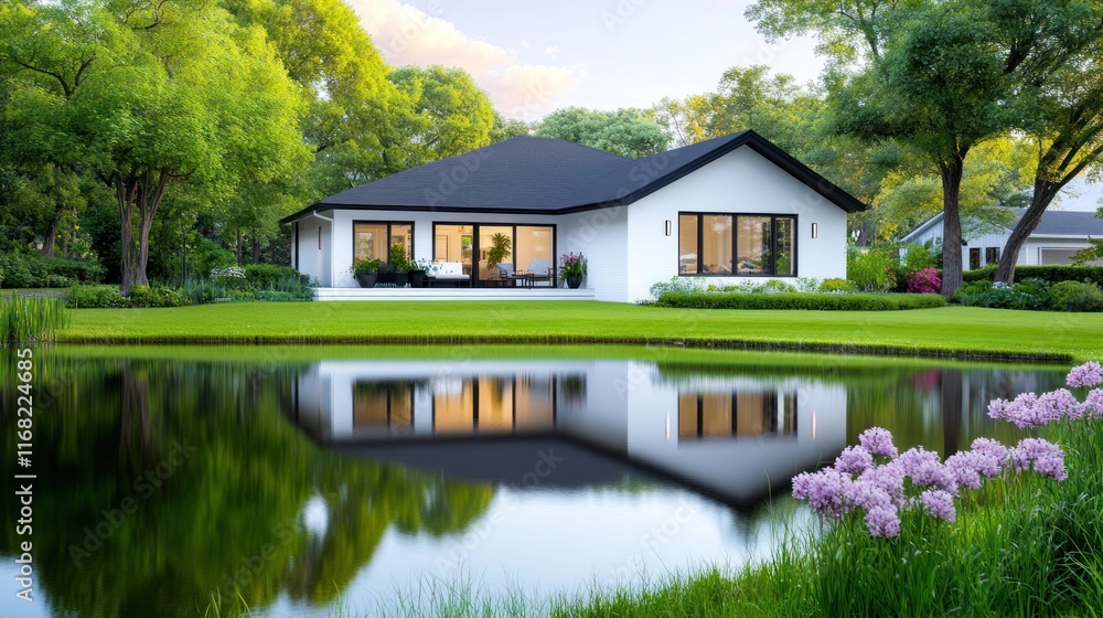 Modern house beside a serene pond with lush greenery and flowers. Modern house beside a serene pond with lush greenery and flowers.