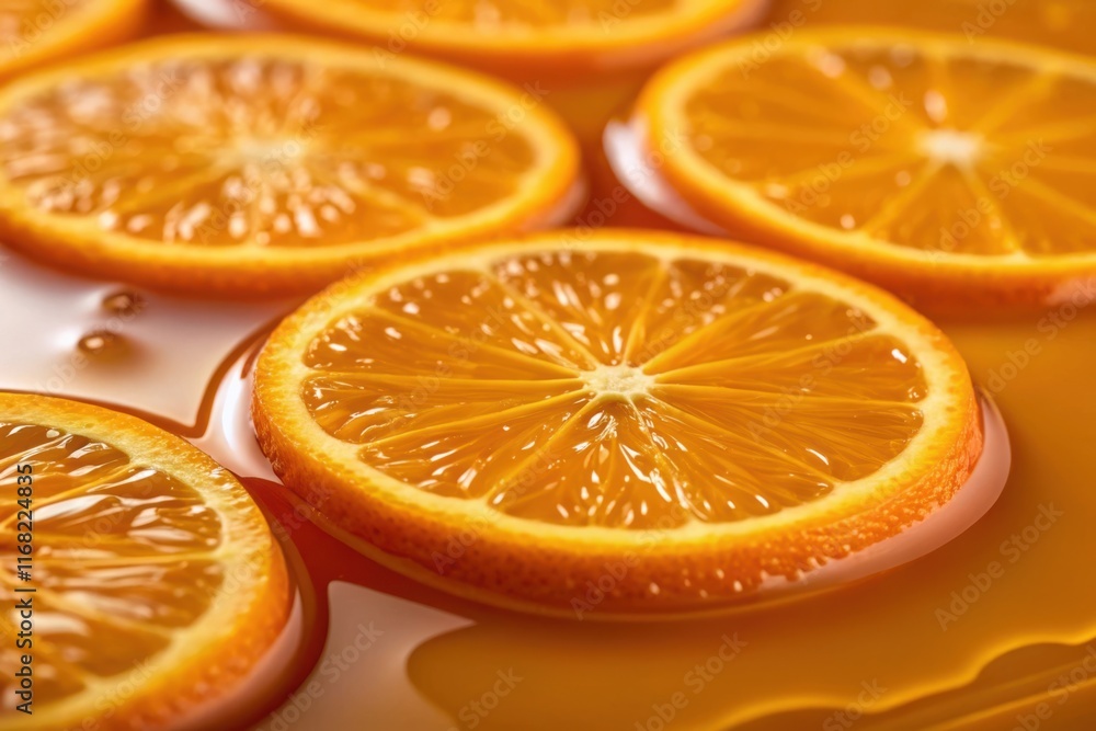 Vibrant orange slices floating in glossy syrup on a reflective surface Vibrant orange slices floating in glossy syrup on a reflective surface