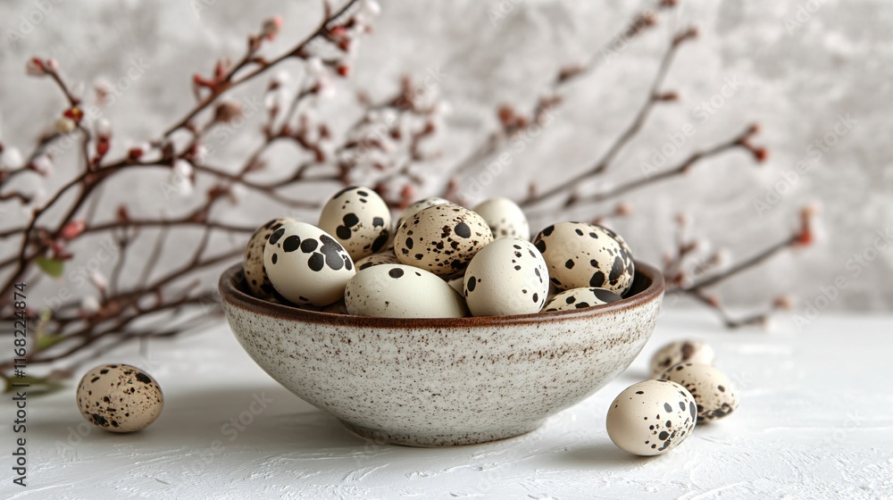 Fototapeta premium Delicate Speckled Eggs Arranged in a Rustic Bowl Surrounded by Elegant Branches