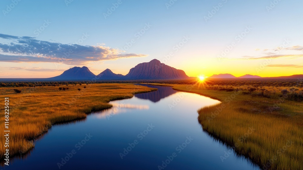 Fototapeta premium Serene sunset over a river with mountains and grassy fields.