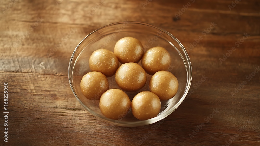 Golden-brown spherical energy balls sit in a glass bowl on a rustic wooden table, captured in natural lighting, showcasing their artisanal, plant-based, and wholesome appeal Golden-brown spherical energy balls sit in a glass bowl on a rustic wooden table, captured in natural lighting, showcasing their artisanal, plant-based, and wholesome appeal