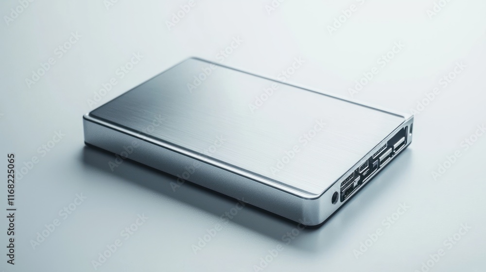 Sleek Silver External Hard Drive On White Surface Sleek Silver External Hard Drive On White Surface