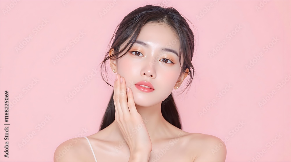 Korean Beauty Model with Flawless Glass Skin, Soft Pink Background, Gentle Touch, Skincare, Makeup, Glowing Face, Healthy Complexion, Close-up Beauty Portrait, Asian Female Model, Natural Makeup Look. Korean Beauty Model with Flawless Glass Skin, Soft Pink Background, Gentle Touch, Skincare, Makeup, Glowing Face, Healthy Complexion, Close-up Beauty Portrait, Asian Female Model, Natural Makeup Look.