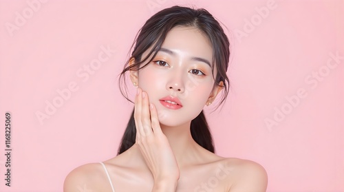 Korean Beauty Model with Flawless Glass Skin, Soft Pink Background, Gentle Touch, Skincare, Makeup, Glowing Face, Healthy Complexion, Close-up Beauty Portrait, Asian Female Model, Natural Makeup Look.
