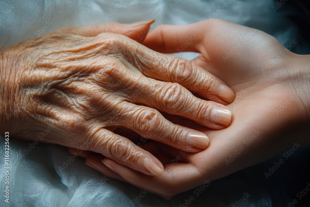Fototapeta premium Young hand touching elderly hand in care support showing warmth connection tender affection solidarity at end of life on hospital bed for aging family