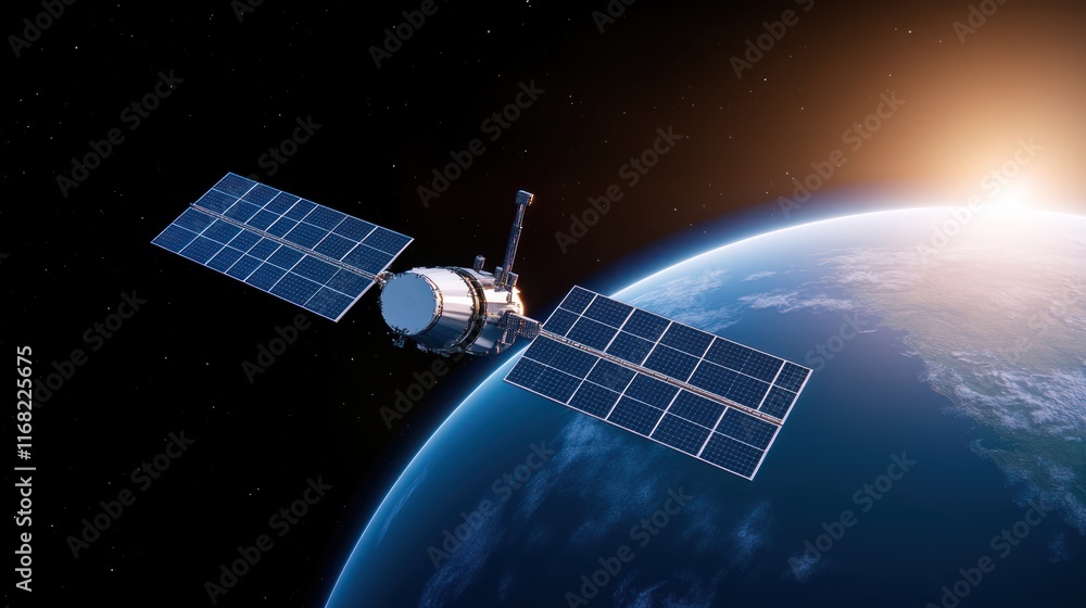 A satellite orbiting Earth, showcasing solar panels and technology. A satellite orbiting Earth, showcasing solar panels and technology.
