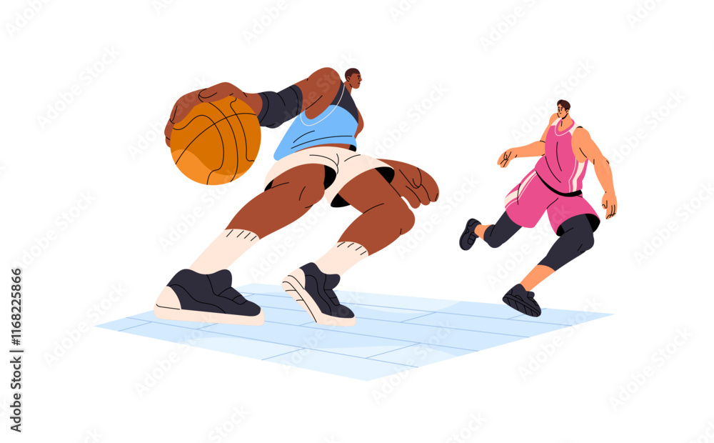 Basketball players run, dribbling ball to basket. Athletes play sports game, training. Sportsmen struggle in international match, competition. Flat isolated vector illustration on white background Basketball players run, dribbling ball to basket. Athletes play sports game, training. Sportsmen struggle in international match, competition. Flat isolated vector illustration on white background