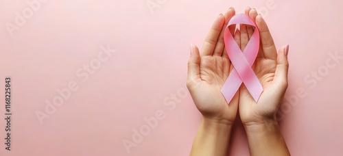 Pink ribbon in hands on pink background.