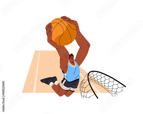 Basketball player does slam dunk on sports match. Professional sportsman jumps and goals. Athlete plays, hops and throws ball into basket, hoop. Flat isolated vector illustration on white background