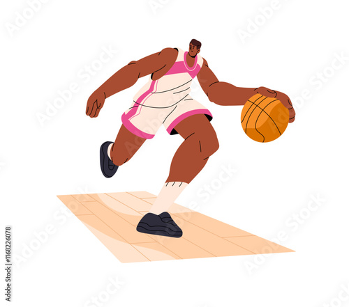 Basketball player runs, rushing, dribbling in match. Black sportsman plays sports game, competition. Athlete in uniform does basket ball training. Flat isolated vector illustration on white background