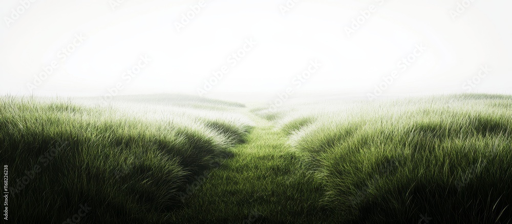 Naklejka premium Misty Path Through Lush Green Grass Field.