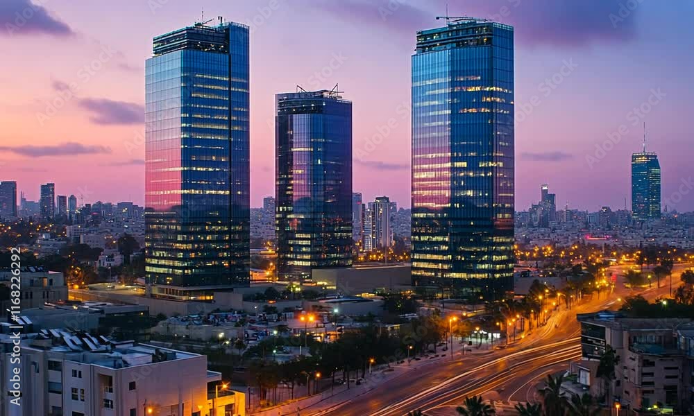 Urban office towers with reflective windows Urban office towers with reflective windows