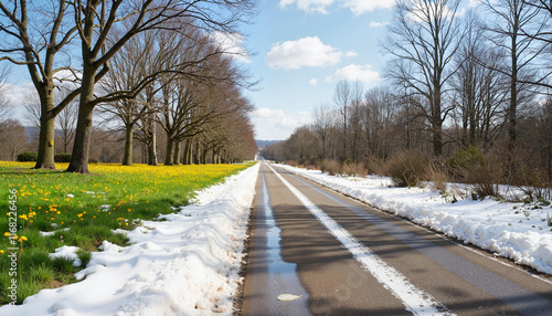Clear road lined with snow and dandelions blooming under a blue sky in springtime