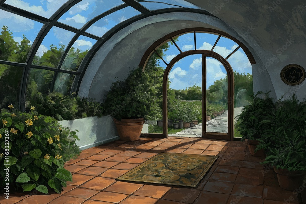 Fototapeta premium An inviting indoor greenhouse filled with vibrant plants, showcasing the beauty of indoor gardening. Sunlight illuminates the space, creating a serene atmosphere.