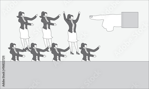 Candidate selection to find professional employees, choosing employee candidates for job position, human resources concept, professional businesswoman pointing at chosen candidate for job position