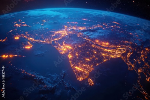 Stunning Satellite View of Asia at Night with City Lights and Dramatic Lighting from Space photo