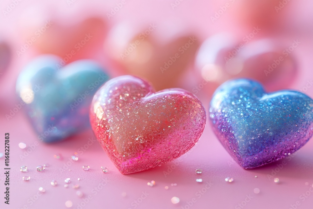 Obraz premium Glittering resin hearts creating romantic atmosphere on pink background