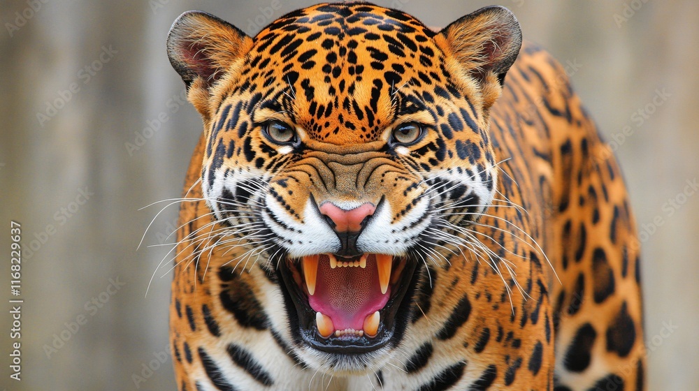 Majestic Jaguar with Intense Gaze and Open Mouth, Showcasing Powerful Presence Majestic Jaguar with Intense Gaze and Open Mouth, Showcasing Powerful Presence