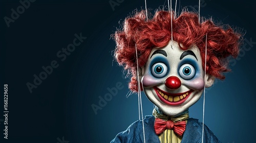 Grinning marionette clown, strings visible, dark background, horror film poster photo