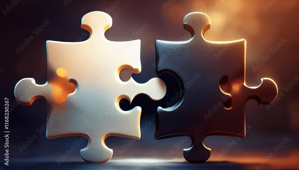 Obraz premium Two interlocking puzzle pieces, one silver and one black, symbolizing connection, unity, and problem-solving against a glowing background.