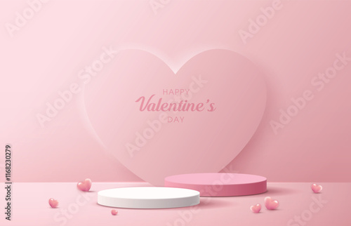 Happy valentines day and stage podium decorated with heart shape. pedestal scene with for product, cosmetic, advertising, show, award ceremony, on pink background and light. vector design.