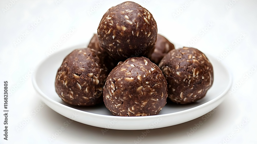 Chocolate energy balls on a white plate, healthy snack, kitchen background, perfect for blogs or recipe websites. Chocolate energy balls on a white plate, healthy snack, kitchen background, perfect for blogs or recipe websites.