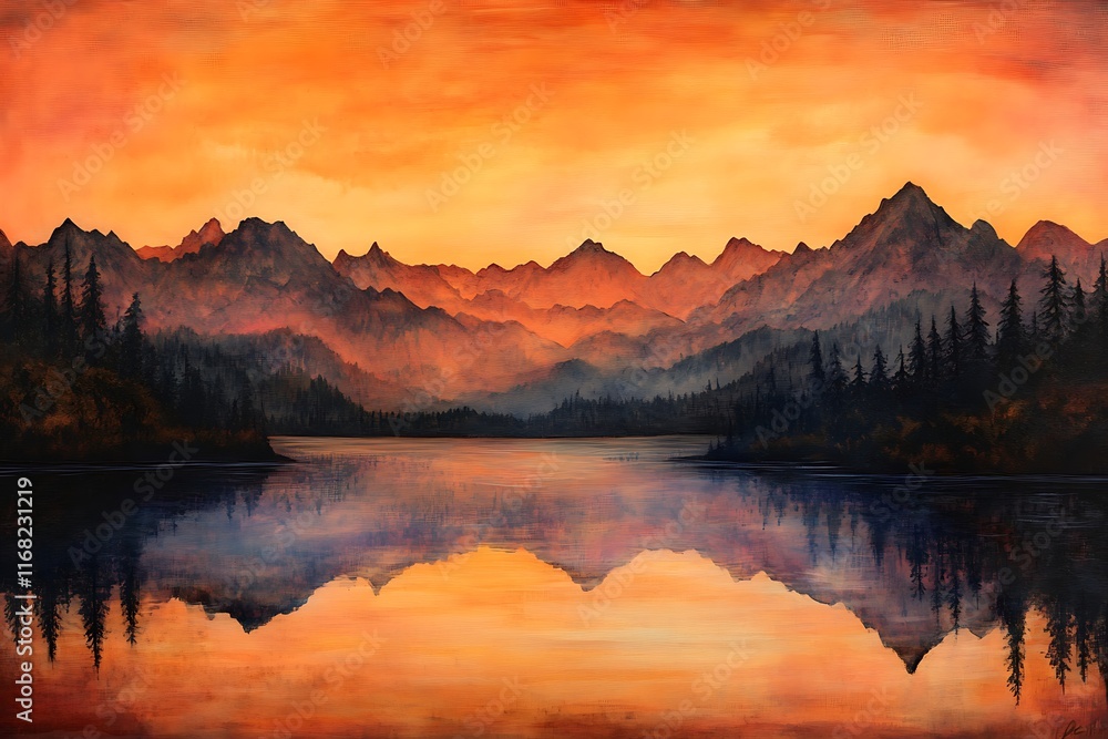 Fototapeta premium Sunset glow reflected in a calm mountain lake, surrounded by peaks 