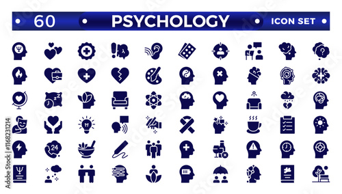 Psychology and mental solid icons collection. Big UI icon set in a flat design.Set of positive thinking icon. Containing self-care, optimism, be loved, healthy lifestyle, happiness. Solid icon set.
