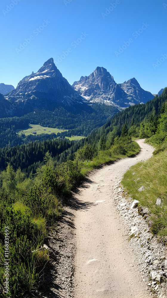 Mountain hiking trail scenic view, valley below, summer sunlight, alpine landscape, travel photography. Mountain hiking trail scenic view, valley below, summer sunlight, alpine landscape, travel photography.