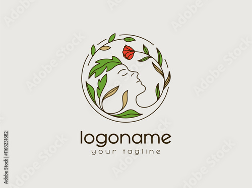 Beauty Leaf Feminine Woman Face logo, beauty care massage logo design template