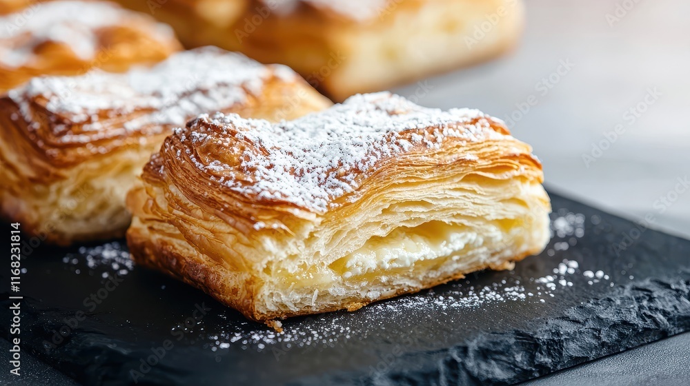 Flaky pastry square dusted with powdered sugar, showcasing layers and a golden-brown color, resting on a dark plate. Flaky pastry square dusted with powdered sugar, showcasing layers and a golden-brown color, resting on a dark plate.